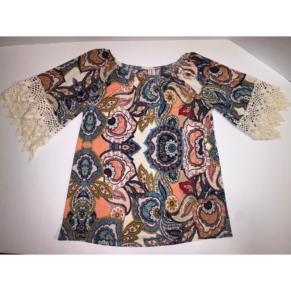 R Rouge Paisley Crochet Sleeve‎ Blouse Top M Peach Blue Boho Made in USA